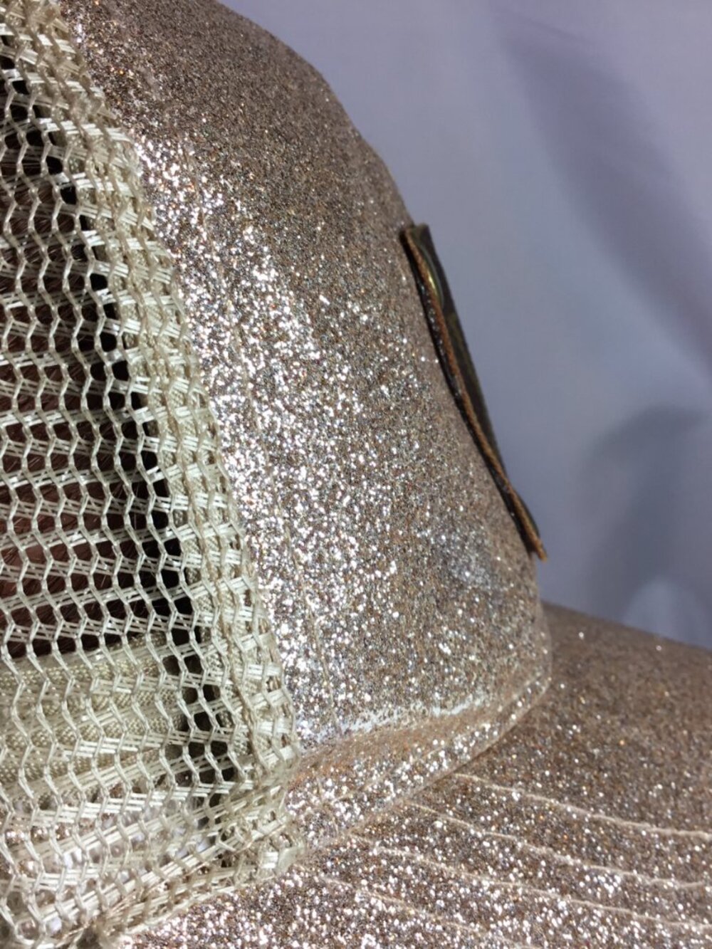 Upcycled LV Patch Distressed Trucker Hat CC Ponytail Cap Bling Gold Sparkle Mesh - Picture 6 of 13